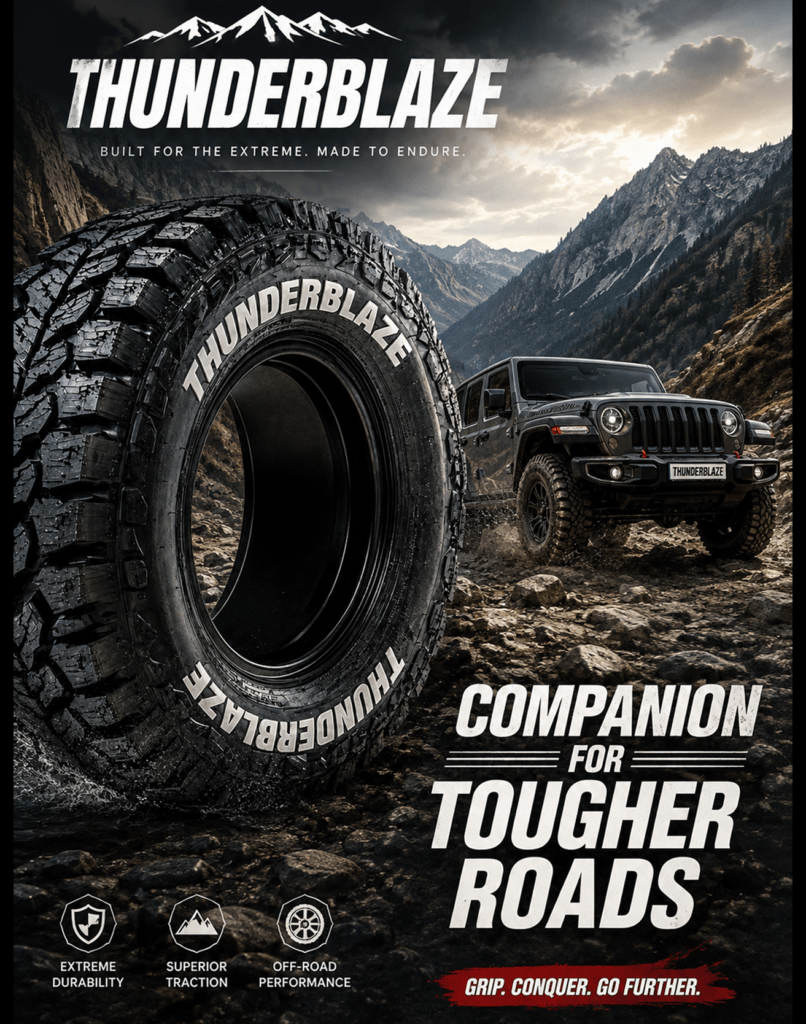 Sports and tyre shop promotional poster featuring a Thunderblaze off-road tyre and rugged 4x4 vehicle on a mountainous rocky road, highlighting extreme durability, superior traction, and off-road performance.
